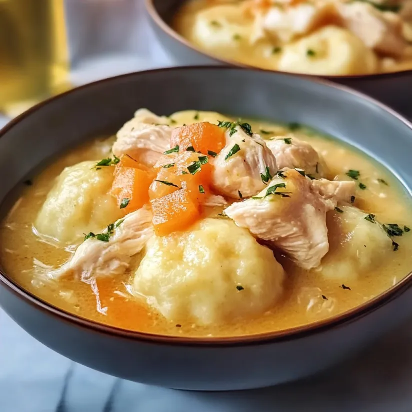 A bowl of chicken and dumplings.