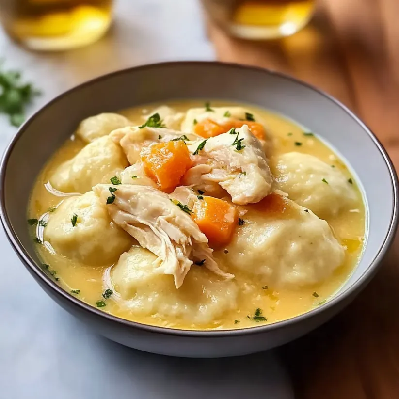 A bowl of chicken and dumplings.