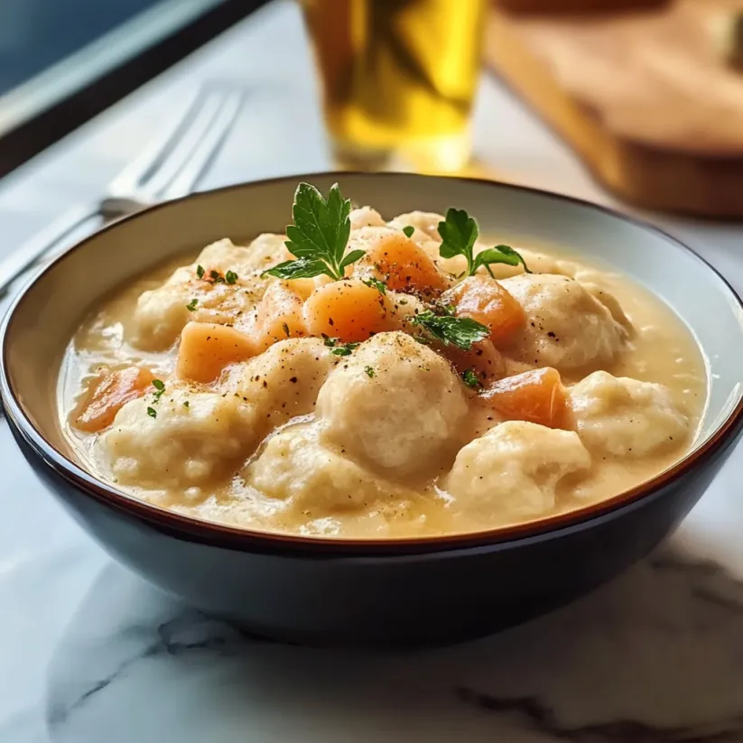 A bowl of chicken and dumplings.