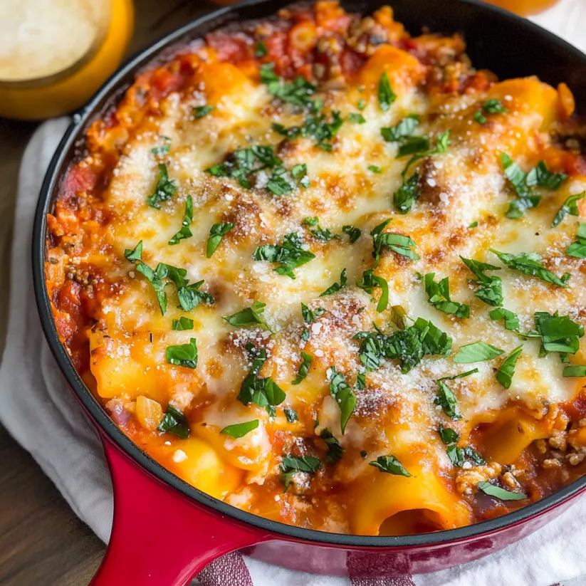A skillet lasagna with cheese and herbs.