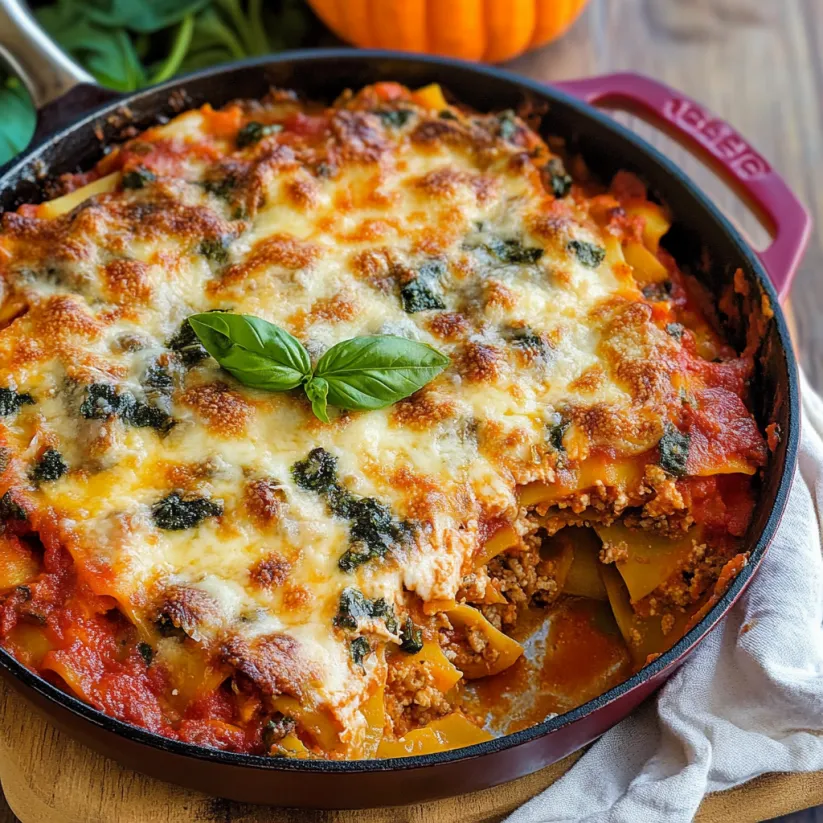 A skillet lasagna with a green leaf on top.