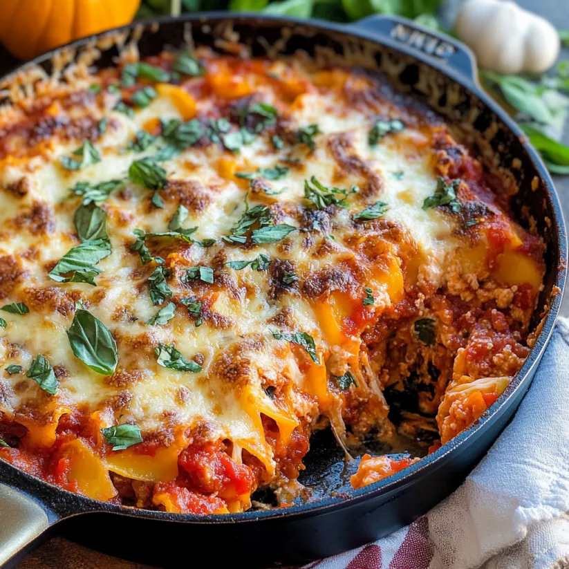 A skillet with lasagna in it.