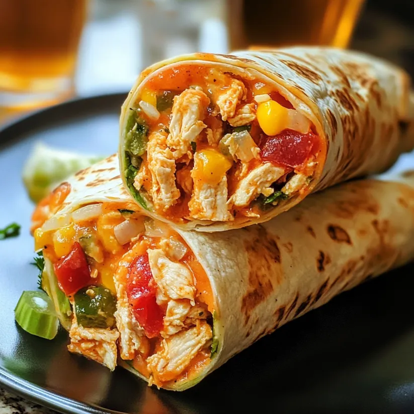 A crunchy southwestern chicken wrap with a variety of vegetables.