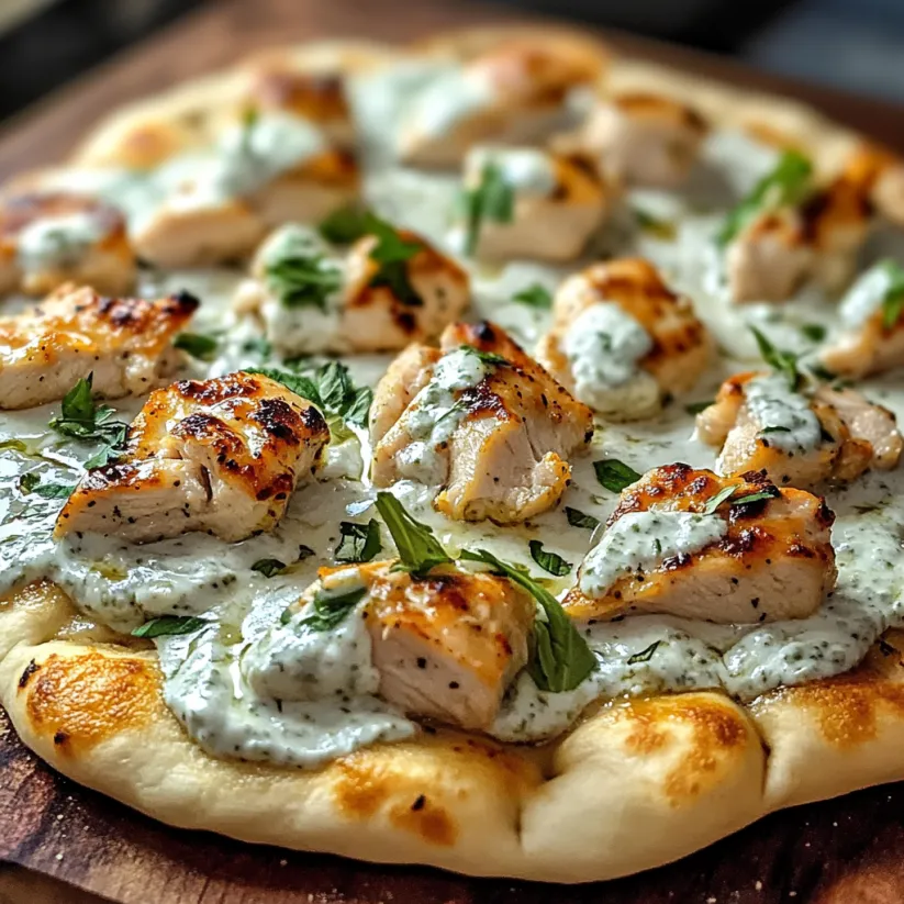 A pizza with chicken and sauce on it.