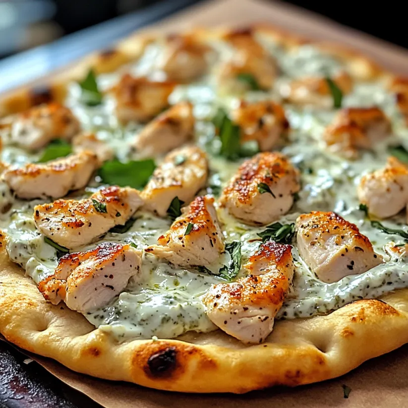 A pizza with chicken and green toppings.