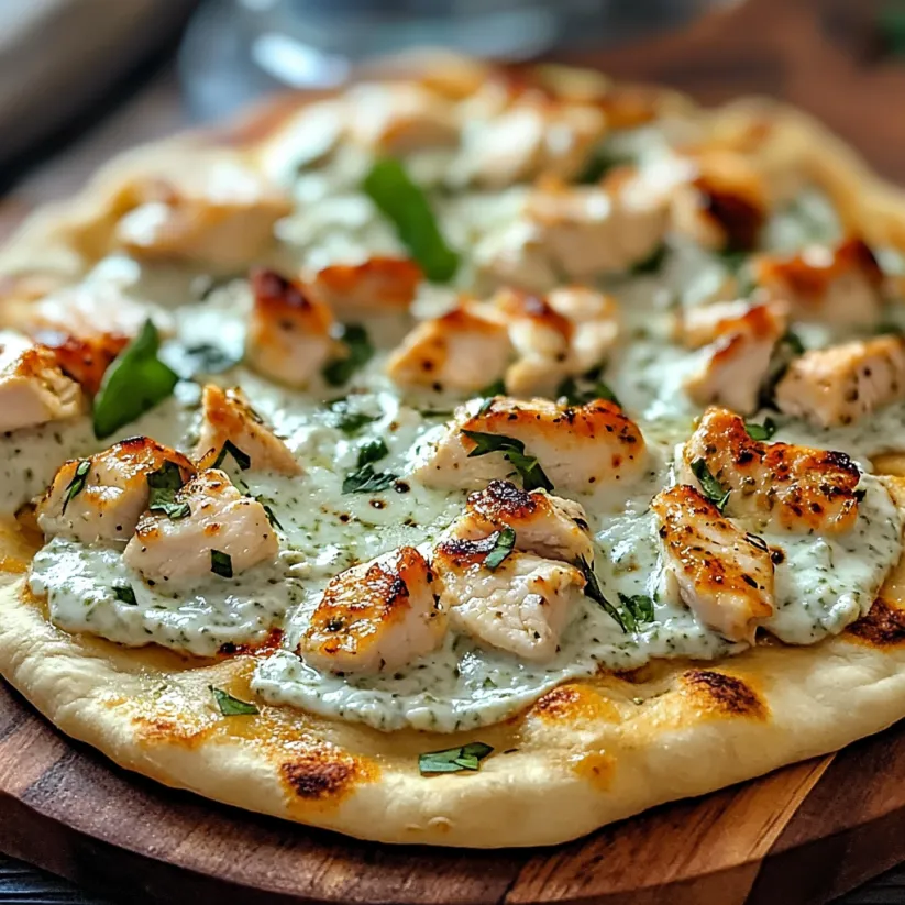 A pizza with chicken and white sauce.