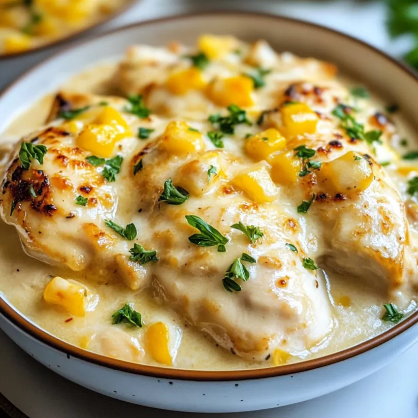 A bowl of chicken gloria with corn and herbs.