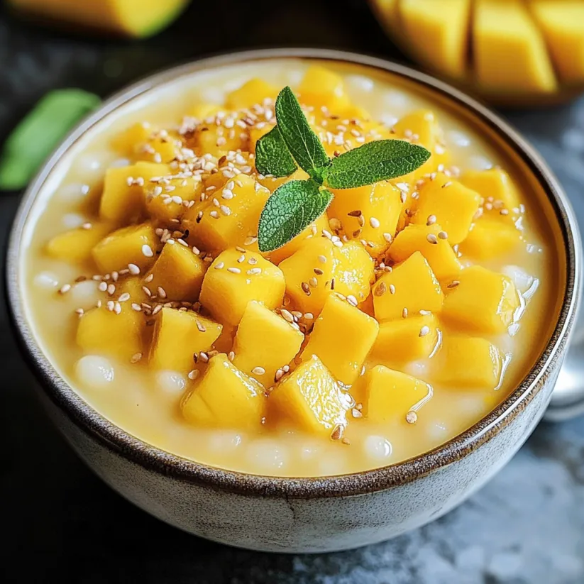A bowl of mango sago with a green leaf on top.