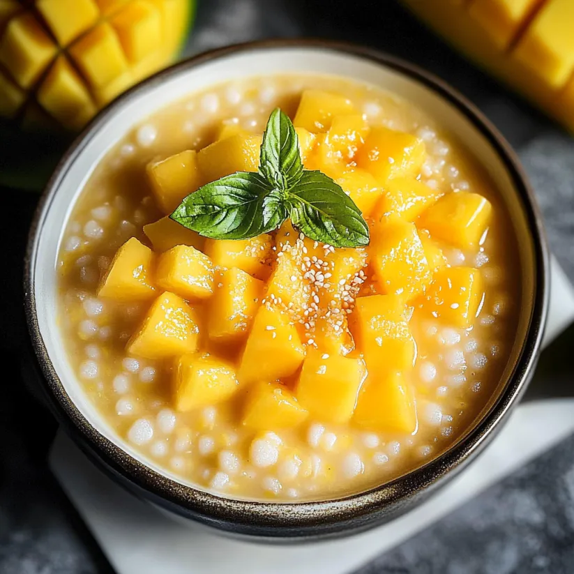 A bowl of mango sago with a green leaf on top.