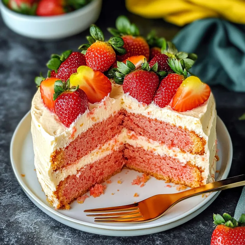 A slice of strawberry cake on a plate.