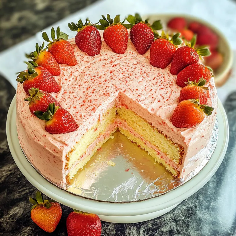 A slice of strawberry cake on a plate.