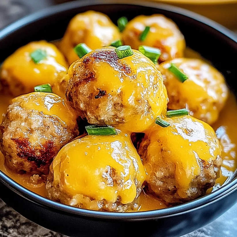 A bowl of sausage balls in a yellow sauce.