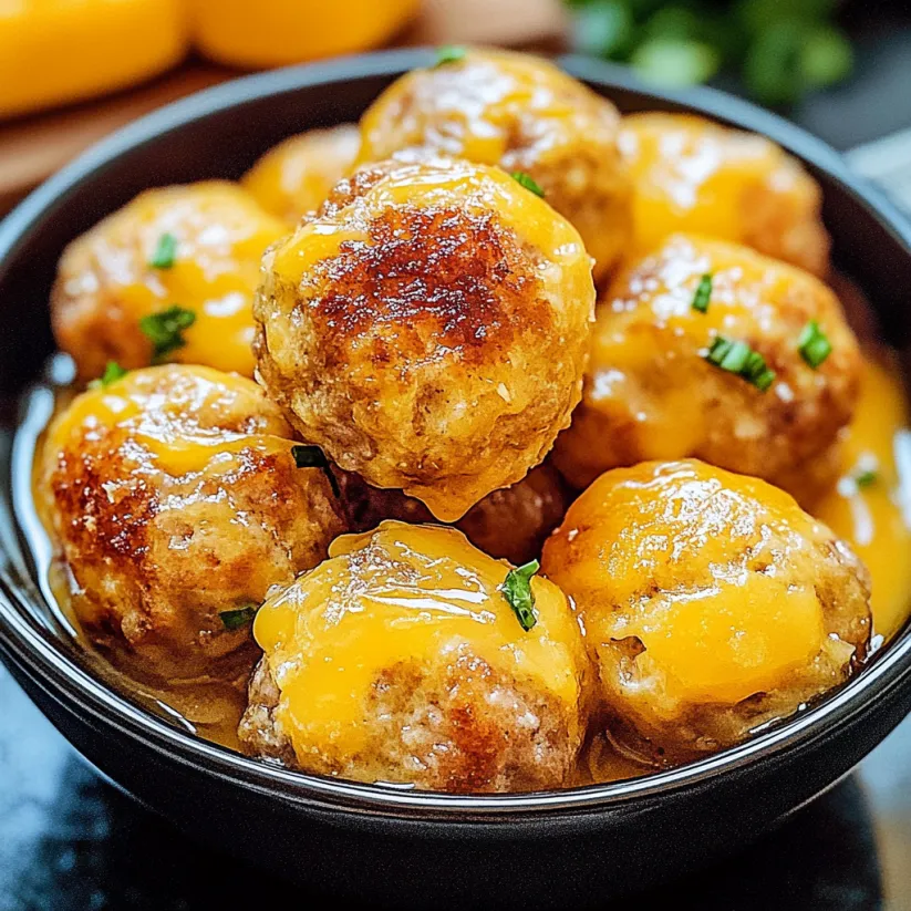 A bowl of sausage balls in a yellow sauce.