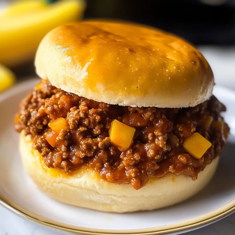 A homemade sloppy joe sandwich on a white plate.