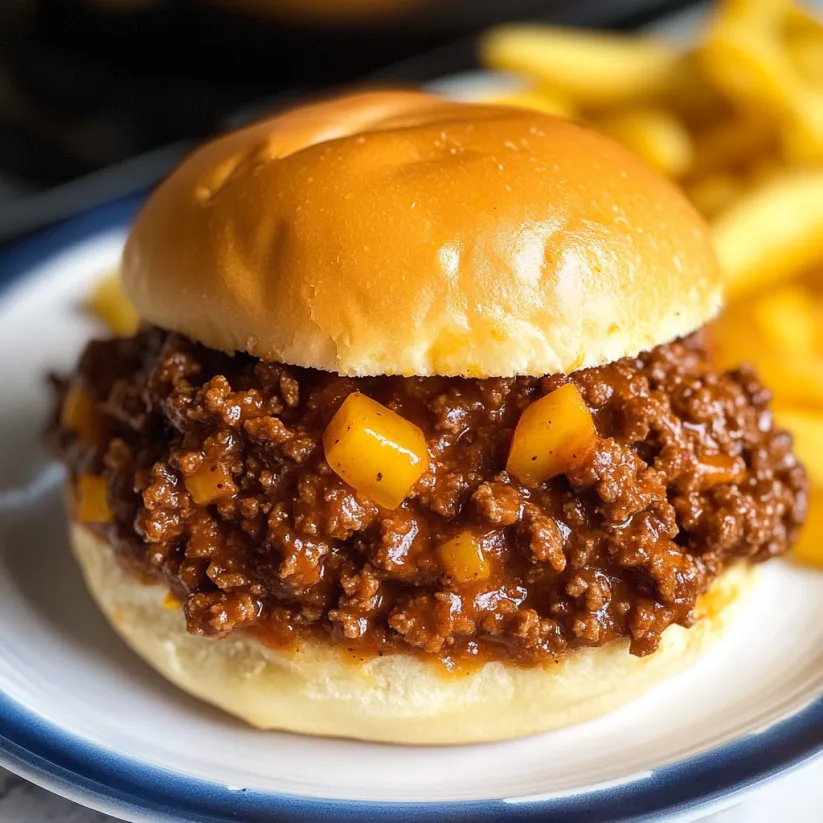 A homemade sloppy joe sandwich with a bun and fries.