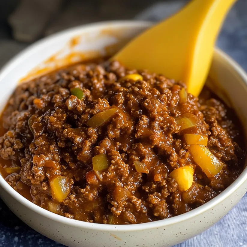 A bowl of sloppy joes with a yellow spoon.