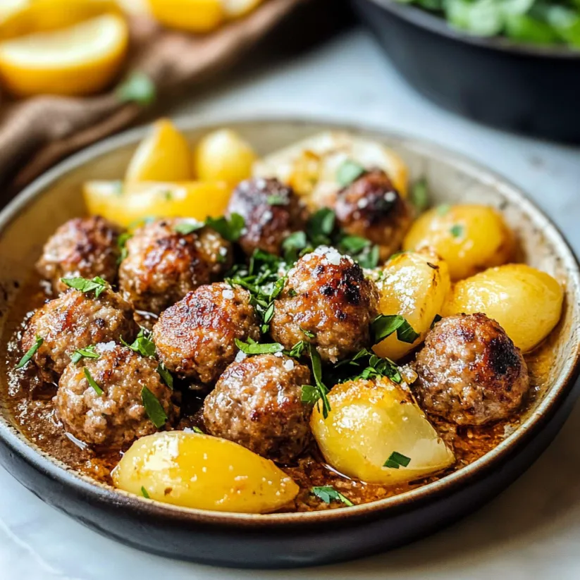 A bowl of meatballs with potatoes and lemon.