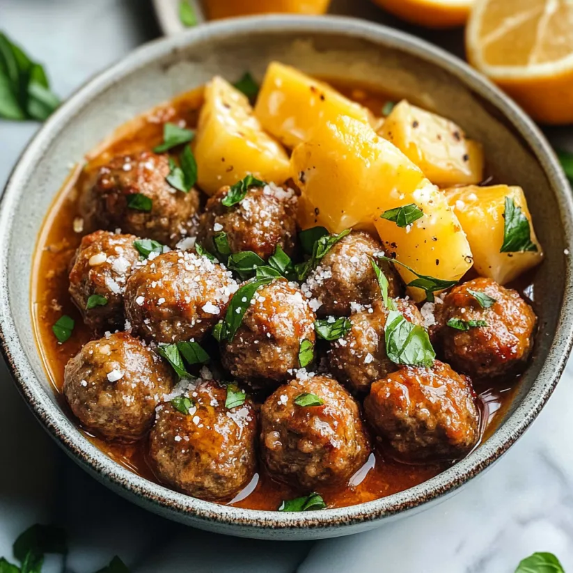 A bowl of meatballs with a side of oranges.