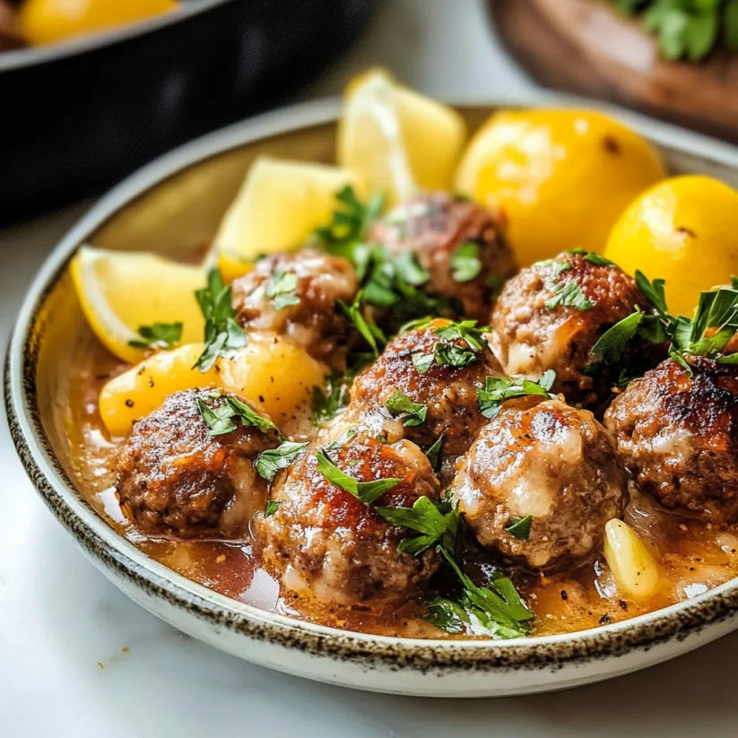 A bowl of meatballs with lemon wedges on top.