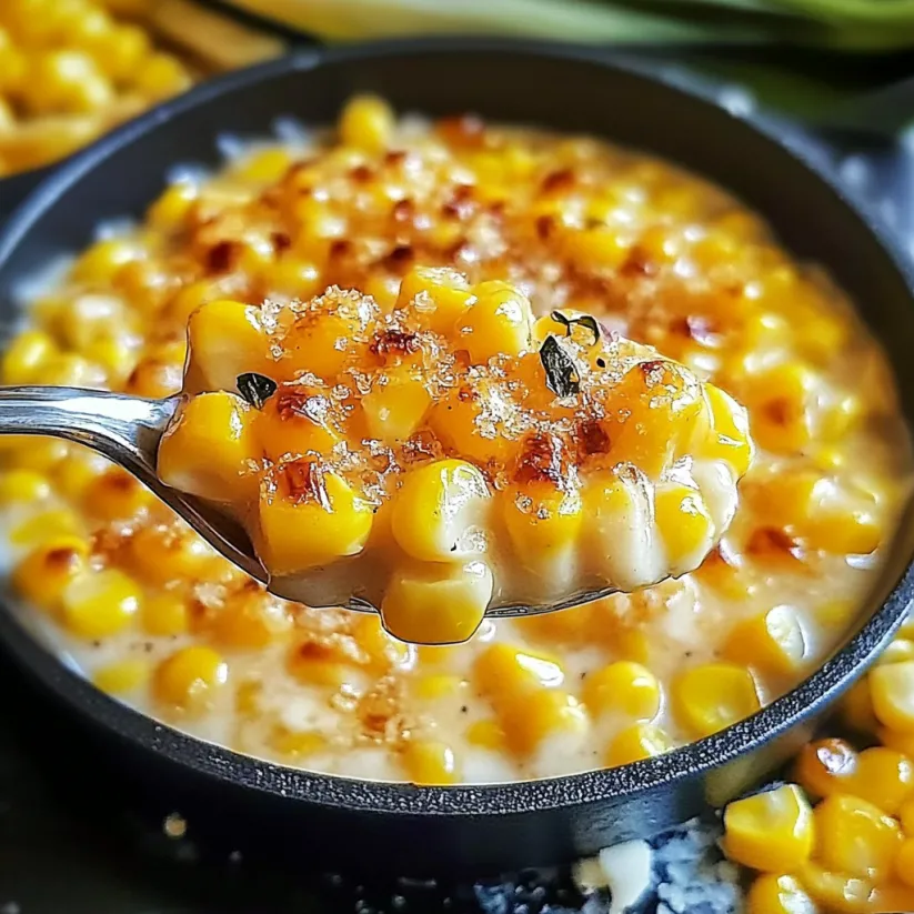 A skillet of corn with butter and honey.