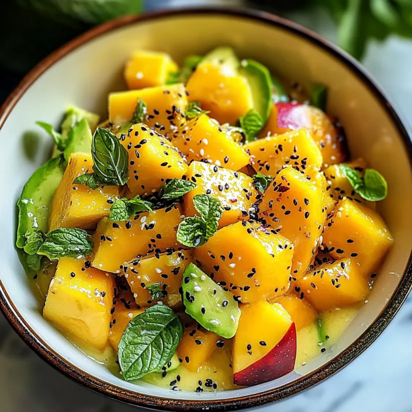 A bowl of fruit salad with mango, avocado, and lime.