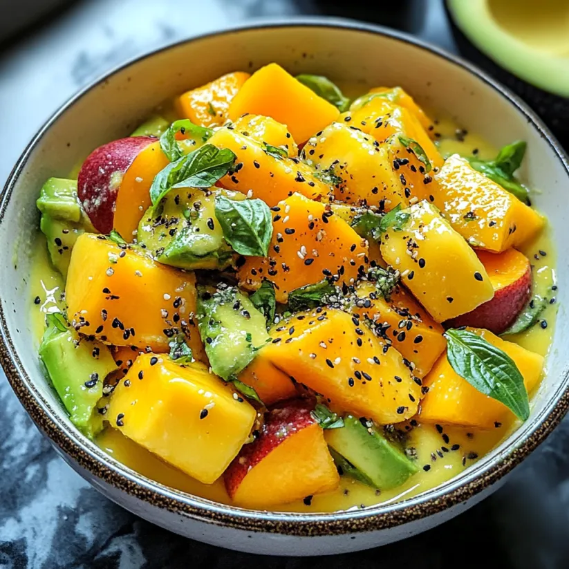 A bowl of fruit salad with mango, avocado, and lime.