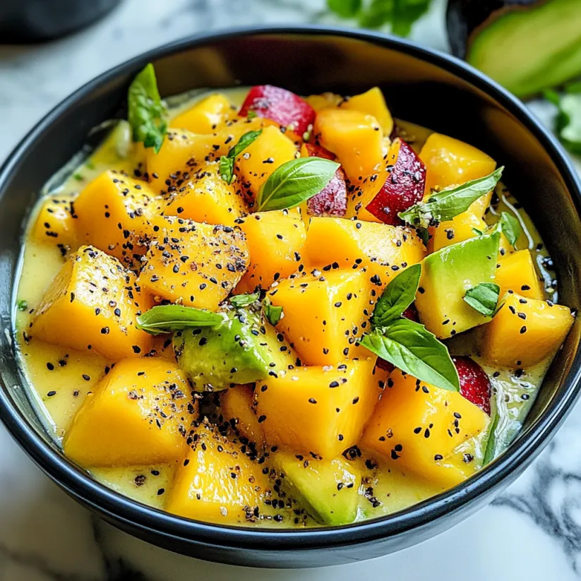 A bowl of fruit with avocado and mango.