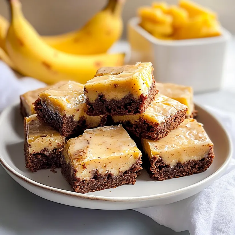 A plate of brownies with bananas on top.