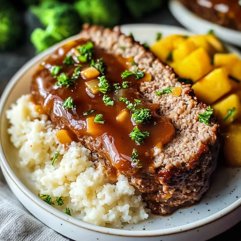 A plate of food with meatloaf and mashed potatoes.