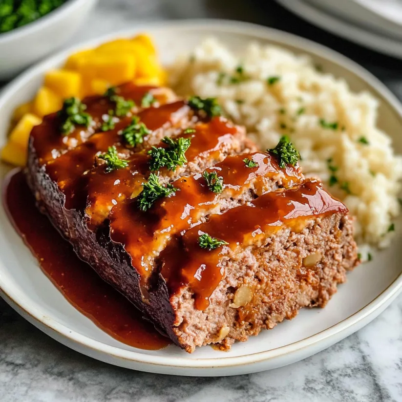 A plate of meatloaf with gravy and rice.