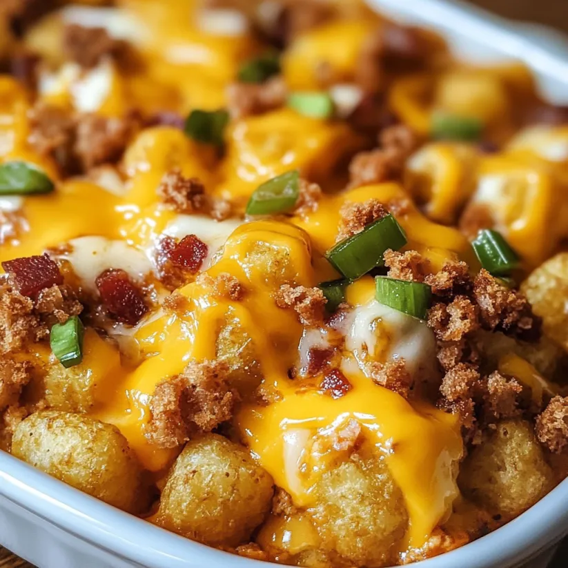 A cheeseburger tater tot casserole in a white bowl.