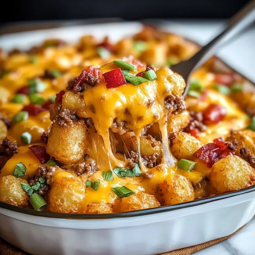 A close up of a cheeseburger tater tot casserole.