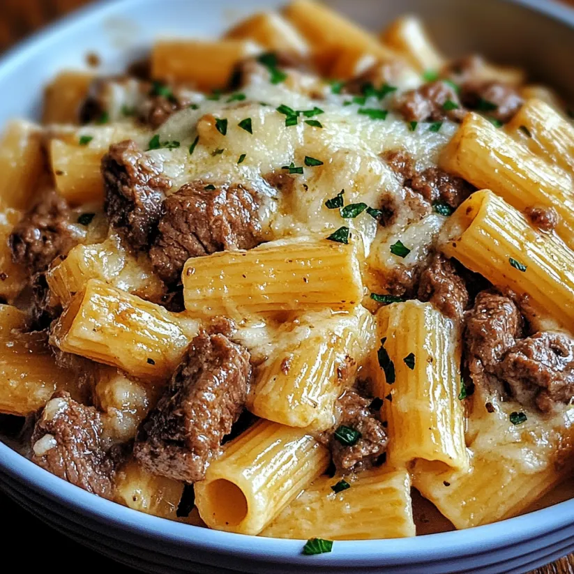 A bowl of garlic Parmesan beef with rigatoni.
