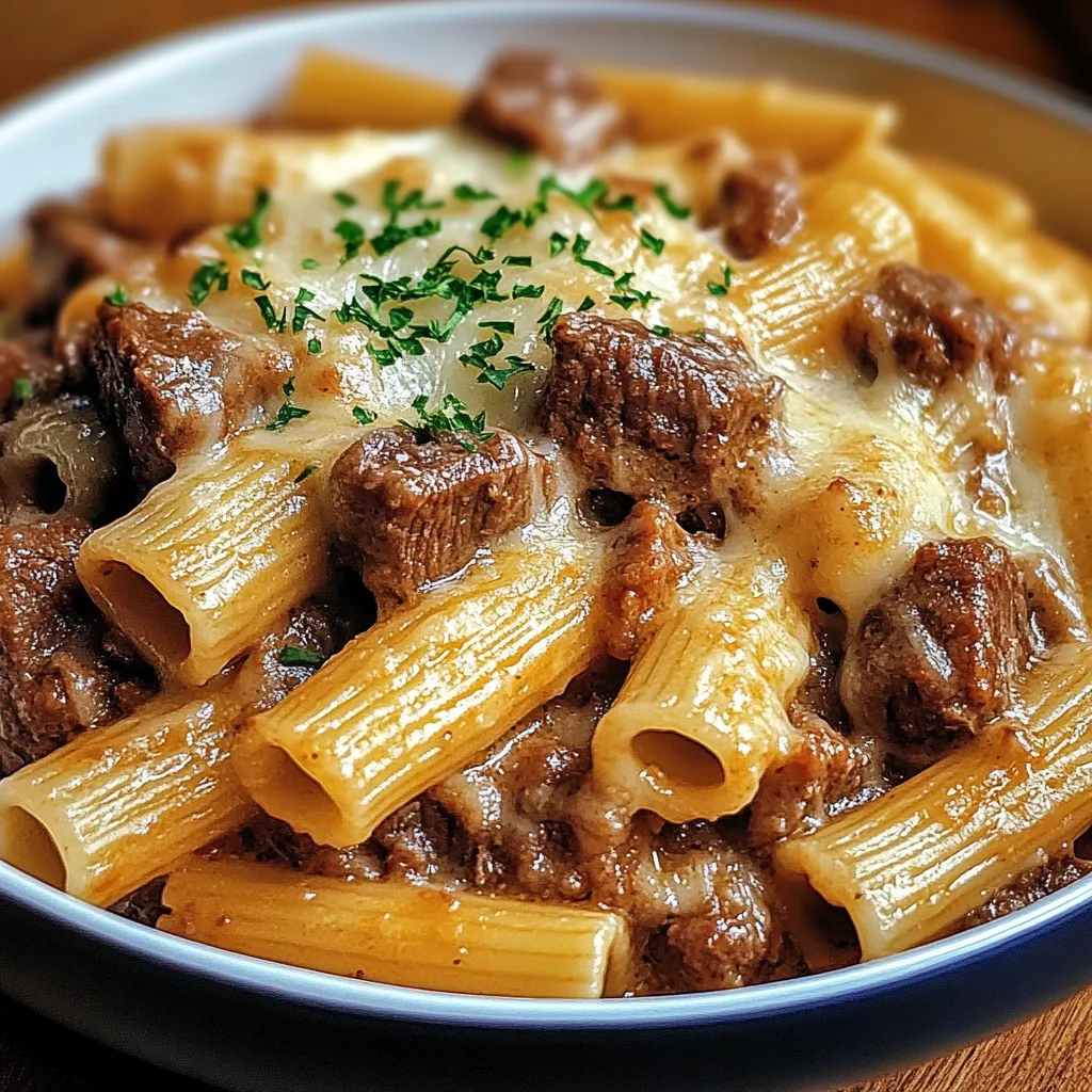 A bowl of beef rigatoni with garlic and Parmesan cheese.