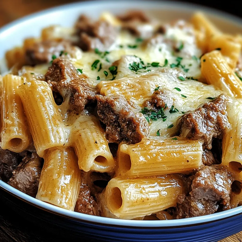 A bowl of garlic Parmesan beef with rigatoni.