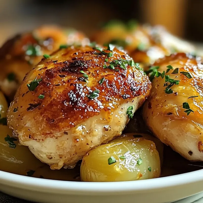 A plate of chicken with herbs on top.