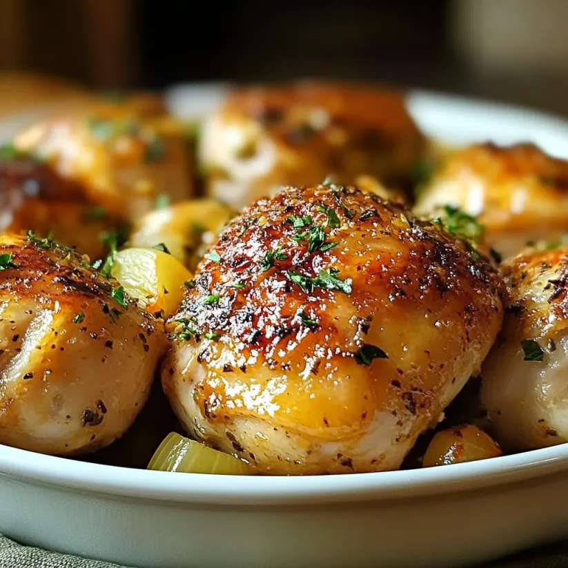 A plate of chicken with garlic and onions.