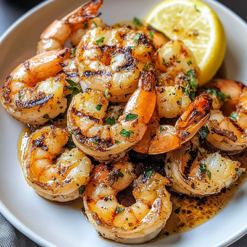A plate of grilled shrimp with lemon wedges.