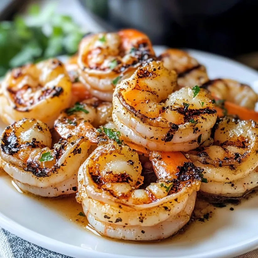 A plate of grilled shrimp with a bowl of greens in the background.