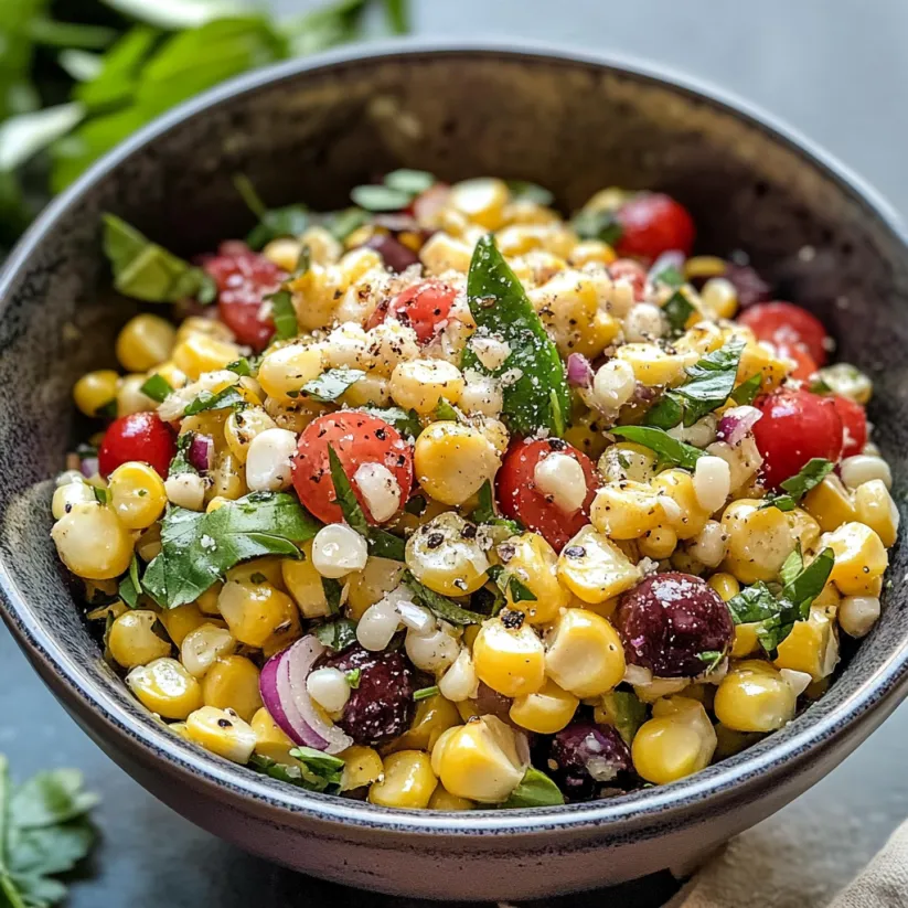 A bowl of corn salad with tomatoes, onions, and herbs.