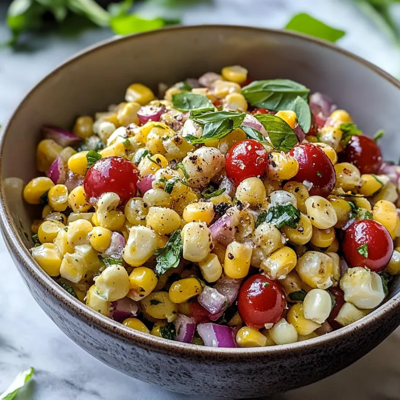 A bowl of corn salad with tomatoes and onions.