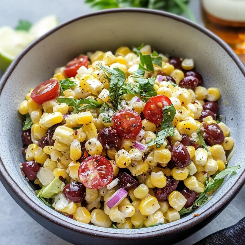 A bowl of corn salad with tomatoes, onions, and cilantro.