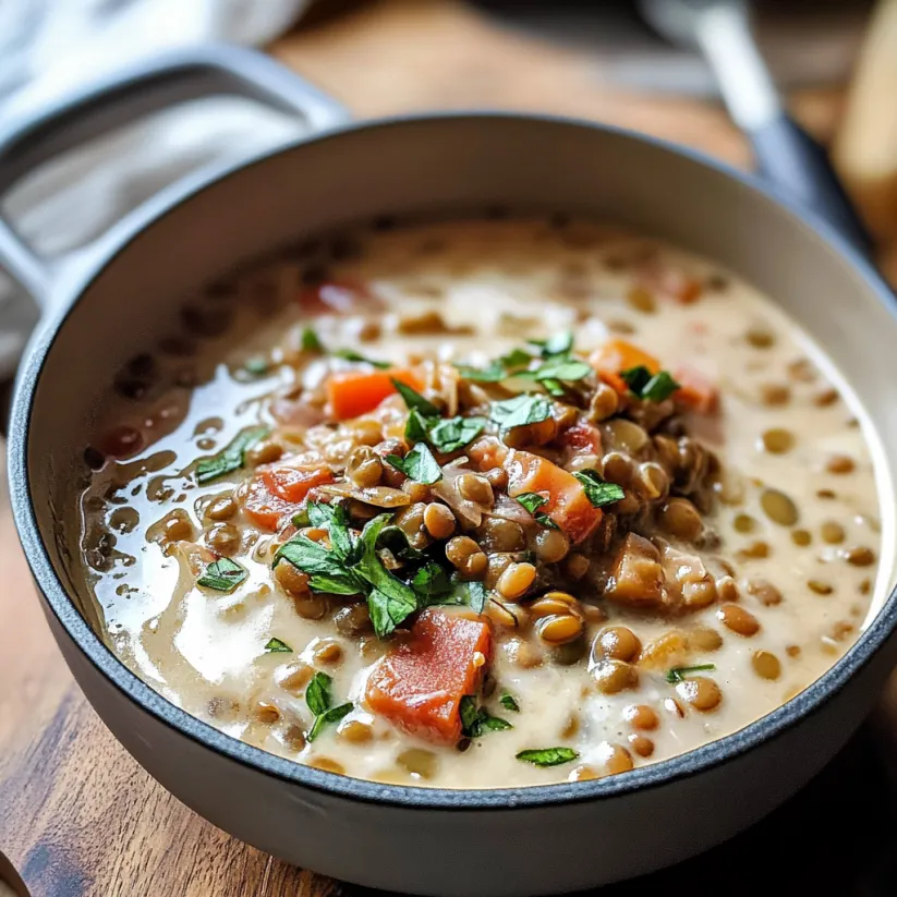 A bowl of vegetable lentils with a spoon in it.
