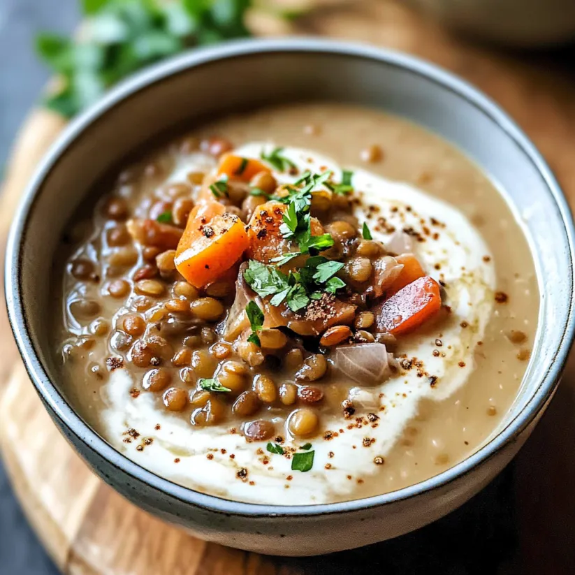 A bowl of lentils with vegetables and a dollop of sour cream.
