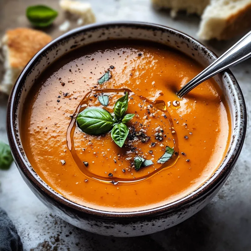 A bowl of roasted tomato basil soup.