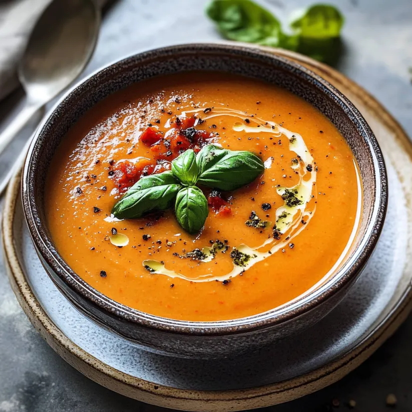 A bowl of roasted tomato basil soup with a spoon in it.