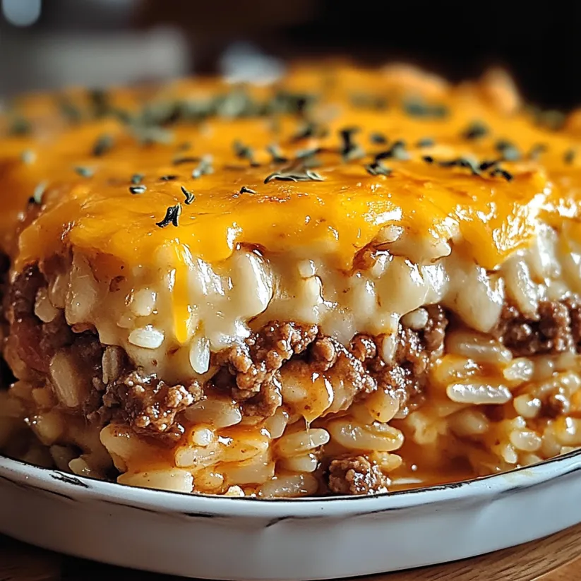 A casserole with rice and ground beef.