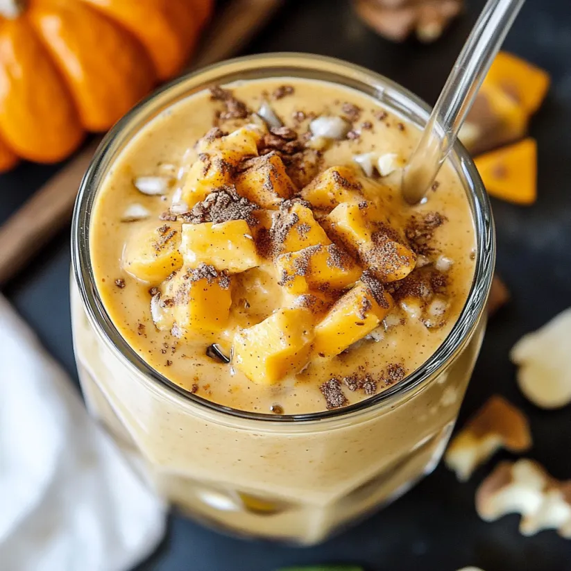 A glass of pumpkin spice latte smoothie.
