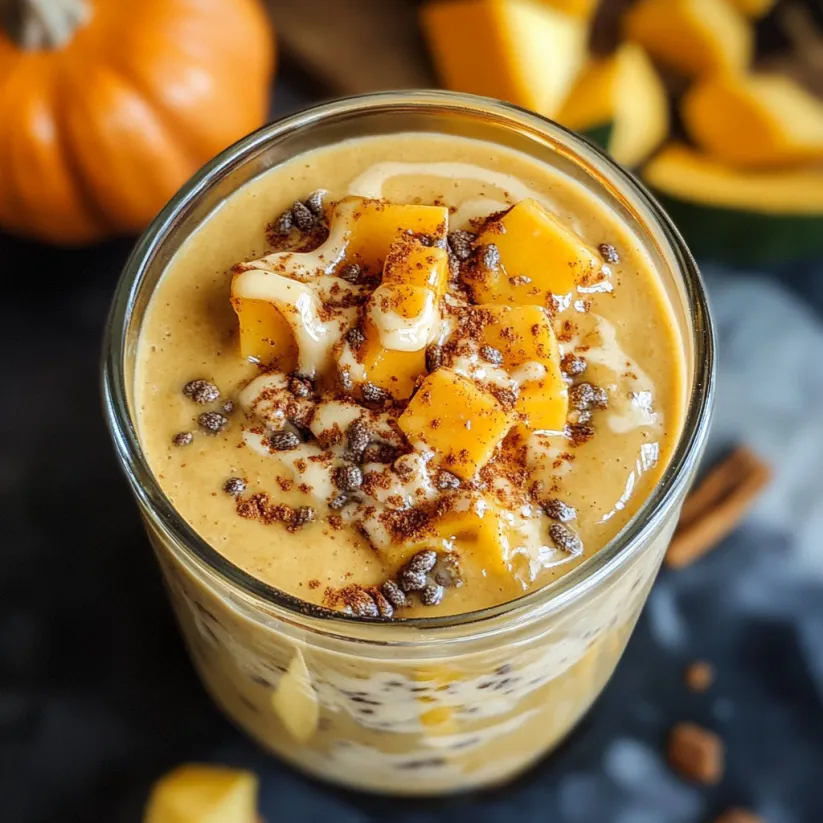 A glass of pumpkin spice latte smoothie.