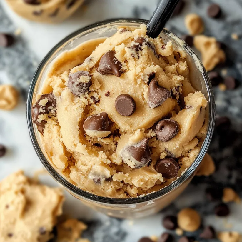A glass of edible cookie dough with chocolate chips.